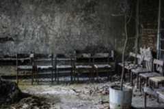 In a concrete room there are rows of decrepit meeting chairs and a decayed potted plant.