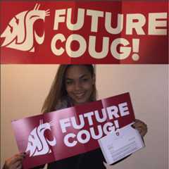 A WSU Future Coug displaying their acceptance letter and a Future Coug banner. 