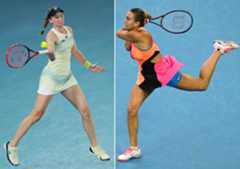 Elena Rybakina of Kazakhstan on the left and Aryna Sabalenka plays a backhand on the right.