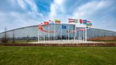 NATO headquarters in Brussels with 32 flags