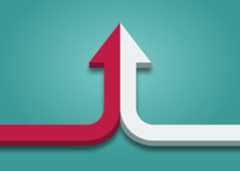 two separate arrows merging and heading upward