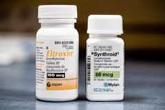 Two prescription pill bottles labeled Eltroxin (100 mcg) and Synthroid (88 mcg), both containing levothyroxine tablets, are placed side by side on a gray surface.