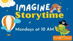 Little Wigglers Tuesdays at 10 am - graphic with sloth, hot air ballon, a parrot wearing a pirate hat, a rainbow and the sun.