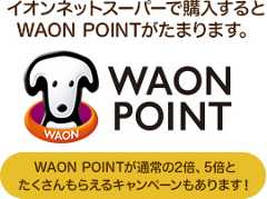 イオンネットスーパーで購入するとWAON POINTがたまります。WAON POINTが通常の2倍、5倍とたくさんもらえるキャンペーンもあります！