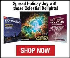 image of Sky & Telescope magazine, the 2021 observing calendar, and the jumbo pocket sky atlas