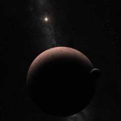 太陽系外縁の準惑星マケマケと、その小さな暗い衛星MK2を描いた想像図。赤みを帯びたマケマケのそばに、黒っぽい小さな衛星が寄り添うように描かれている