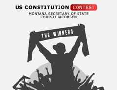 A silhouette of a person holding a banner that says The Winners above a cheering crowd. Text above reads, US Constitution Contest, Montana Secretary of State Christi Jacobsen, promoting YouthVote and civics engagement.