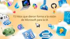 Cartel con iconos y las letras "15 hitos que dieron forma a la visión de Microsoft para la IA"