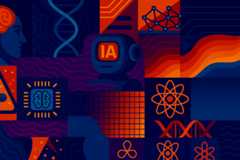 Una ilustración digital colorida que presenta símbolos de inteligencia artificial y tecnología, incluyendo una cabeza de robot con el texto 'IA', hélices de ADN, redes neuronales, circuitos cerebrales y símbolos atómicos en colores vibrantes azul, rojo y naranja.