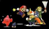 Group artwork depicting Kirby, Mario, Fox and Link, including some items like Bob-omb, Star Rod and the Fan.