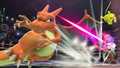 Charizard dodges one of Fox's blaster shots.