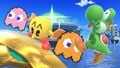 Pac-Man using his down smash on Yoshi on Big Blue.