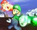 Using Fireball alongside Mario on Princess Peach's Castle.