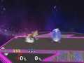 Fox successfully using a dash attack to cross-up behind Marth. Marth misses the shield grab and gets punished as a result.