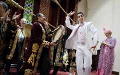 Illustrative: Dancers performing at a celebration at the Ohr Natan congregation of Bukharian Jews in the Rego Park section of Queens, New York. (Tom Williams/Roll Call/Getty Images/via JTA)