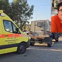 Medics and IDF troops at the scene of an attack at the Bar-On industrial park in the West Bank, during which a civilian security guard was hit over the head with a hammer by a Palestinian terrorist, August 18, 2024; inset: Gidon Peri, who was killed in the attack. (Magen David Adom; courtesy)