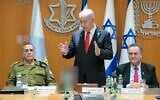 Prime Minister Benjamin Netanyahu meets with the IDF General Staff Forum on June 30, 2025. At left is IDF Chief of Staff Eyal Zamir. At right is Defense Minister Israel Katz. (Maayan Toaf/GPO)