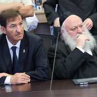 Likud MK Boaz Bismuth (left) and United Torah Judaism chairman Yitzhak Goldknopf (right) attend a meeting of the Knesset House Committee, August 4, 2025. (Dani Shem-Tov/ Office of the Knesset Spokesperson)