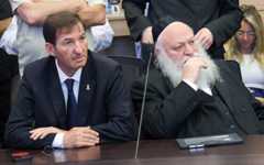 Likud MK Boaz Bismuth (left) and United Torah Judaism chairman Yitzhak Goldknopf (right) attend a meeting of the Knesset House Committee, August 4, 2025. (Dani Shem-Tov/ Office of the Knesset Spokesperson)