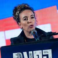 Environmental Protection Minister Idit Silman attends a rally in Jerusalem for the re-establishment of Israeli settlements in the Gaza Strip, on February 27, 2025. (Yonatan Sindel/Flash90)