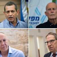 (Top L) Nadav Argaman at the Knesset, November 6, 2018 (Hadas Parush/Flash90) and (Top R) Ami Ayalon on March 27, 2023 (Tomer Neuberg/FLASH90) and (Bottom L) Yoram Cohen in Jerusalem, April 8, 2025 (Chaim Goldberg/FLASH90) and (Bottom R) Carmi Gillon in Jerusalem, December 31, 2019. (Yonatan Sindel/Flash90)