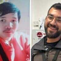 The two slain hostages whose bodies were still held captive in Gaza as of November 24, 2025: Sudthisak Rinthalak (left) and Ran Gvili. (Collage by Times of Israel; Photos: Courtesy)