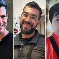 The three slain hostages whose bodies were still held captive in Gaza as of November 24, 2025. (L-R): Dror Or, Ran Gvili, and Sudthisak Rinthalak. (Collage by Times of Israel; Photos: Courtesy)