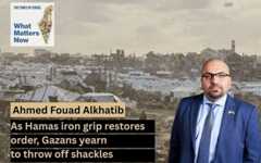 A tent camp for displaced Palestinians stand amid the destruction left by Israeli strikes north of Gaza City, November 25, 2025. (AP Photo/Jehad Alshrafi)