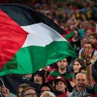 Fans wave Palestinian flags during a friendly match between a selection of Palestinian players and a group of Spanish players from the Basque Country, held to protest against Israel amid the war in Gaza, in Bilbao, Spain, November 15, 2025. (AP Photo/Miguel Oses)