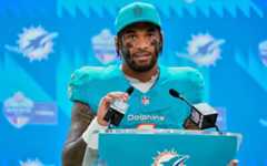 Miami Dolphins quarterback Tua Tagovailoa attends a press conference after an NFL football game between the Washington Commanders and the Miami Dolphins in Madrid, Spain, November 16, 2025. (AP Photo/Manu Fernandez)