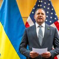 Head of the Office of the President of Ukraine Andriy Yermak talks to the press at the US Mission to International Organizations in Geneva, Switzerland, Nov. 23, 2025. (Martial Trezzini/Keystone via AP)