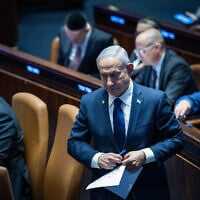 Prime Minister Benjamin Netanyahu during a '40-signature' debate at the Knesset in Jerusalem, on November 10, 2025. (Yonatan Sindel/Flash90)