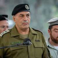 IDF Chief of Staff Eyal Zamir attends the funeral of Israeli soldier Hadar Goldin, who was killed by Hamas in Gaza in 2014 and his body held for more than a decade before its return as part of a hostage-truce deal, November 11, 2025. (Chaim Goldberg/Flash90)