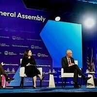 Author Sarah Hurwitz appears on a panel at the annual General Assembly of the Jewish Federations of North America, alongside, from left, Eric Fingerhut, JFNA’s president and CEO; Israeli author Micah Goodman, and Richard Marceau of Canada’s Centre for Israel and Jewish Affairs, Washington, DC, November 16, 2025. (Courtesy JFNA via JTA)