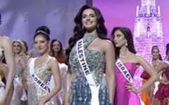 Melanie Shiraz, representing Israel at the Miss Universe pageant, is seen behind Miss Palestine Nadeen Ayoub, in November 2025. (Screen capture via Instagram, used in accordance with Clause 27a of the Copyright Law)