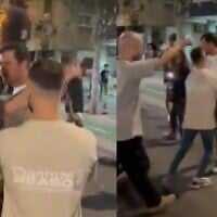 A man is detained by plainclothes police officers after standing silently in front of right-wing demonstrators at a protest in Tel Aviv on November 22, 2025. (Screenshot/X)