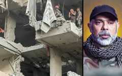 Left: Rescuers search for survivors at the site of an airstrike that killed Hezbollah's military chief in a residential building in Beirut's southern Haret Hreik neighborhood on November 23, 2025. (Ibrahim Amro/AFP); Right: Hezbollah military chief Haytham Ali Tabatabai, in a poster issued by the terror group after his death. (Hezbollah Media Office)