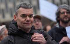 Peter Beinart speaks at a rally to release Columbia University graduate Mahmoud Khalil, who'd been detained by ICE after his involvement in pro-Palestinian, anti-Israel activism, on March 20, 2025, at Foley Square in New York City. (Selcuk Acar/Anadolu via Getty Images via JTA)