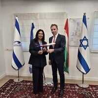 Transportation Minister Miri Regev (left) and Wizz Air CEO József Váradi, November 27, 2025. (Courtesy)