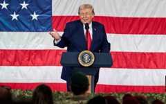 US President Donald Trump delivers remarks to troops at Fort Bragg, North Carolina, February 13, 2026. (AP Photo/Matt Ramey)