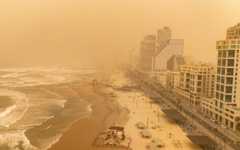 The beach in Tel Aviv during a dust storm, February 14, 2026. (Erik Marmor/Flash90) The beach in Tel Aviv during a dust storm, February 14, 2026. (Erik Marmor/Flash90)