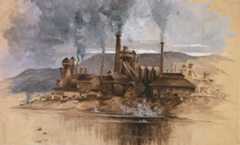 Ilustração de uma fábrica em referência à Segunda Revolução Industrial.