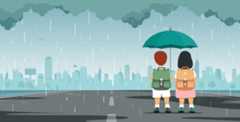 Ilustração de uma cidade chuvosa com duas pessoas usando guarda-chuva.
