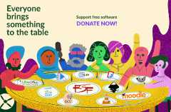a group of people sitting at a table with logos for multiple free software projects on plates in front of them and the FSF logo in the middle. Above the people, text reads 'Everyone brings something to the table' and 'Support free software DONATE NOW'