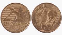 Moeda de 25 centavos de real com a estampa de Deodoro da Fonseca, homenagem a esse militar ligado &agrave; Proclama&ccedil;&atilde;o da Rep&uacute;blica.
