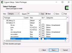 Figure 1.10 – Cygwin package selection screen – note that gvim, vim, and vim-doc are marked to be installed, as seen in the New column