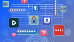 Illustration showing various password manager logos, password fields filled with asterisks, padlock icons, and question mark symbols on a blue background.