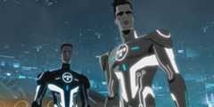 Beck (Elijah Wood) stands with his mentor Tron (Bruce Boxleitner) in Tron: Uprising.