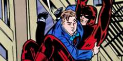 Foggy Nelson swinging through the air clinging to Daredevil