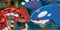 The mascot Legendary Pokémon Groudon and Kyogre from Ruby and Sapphire over a map of Hoenn.